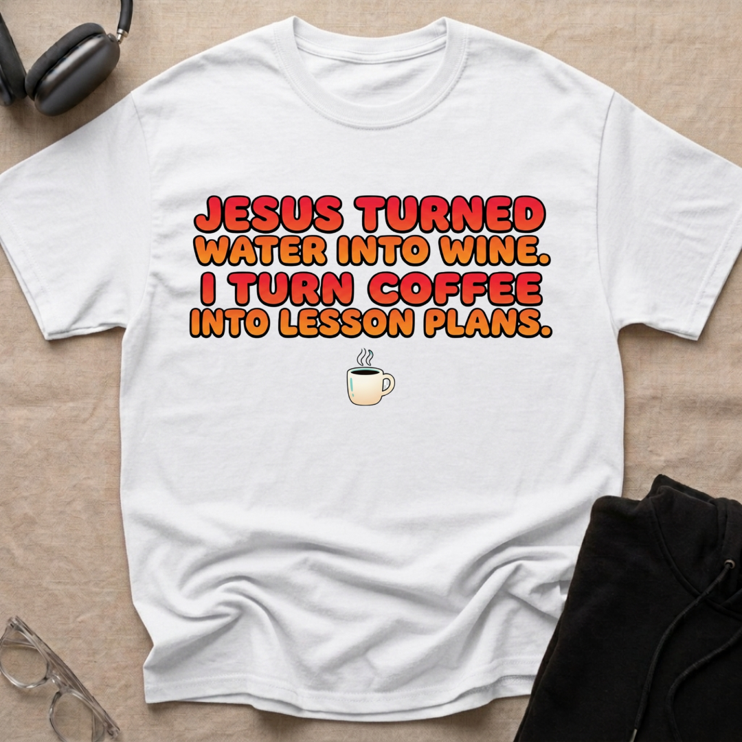 JESUS — TURNED WATER INTO WINE, I TURN COFFEE INTO LESSON PLANS T-Shirt